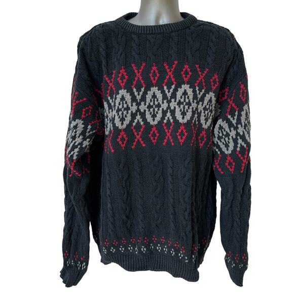Vintage Eddie Bauer Sweater Navy Blue Red Gray Chunky Knit Men's Size Tall XL - Picture 1 of 9
